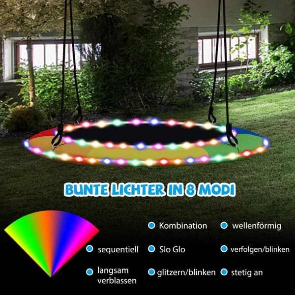 Tallerkenhuske med en diameter på 100 cm, lastbar opp til 300 kg, LED-huske for barn og voksne, regnbuefarge