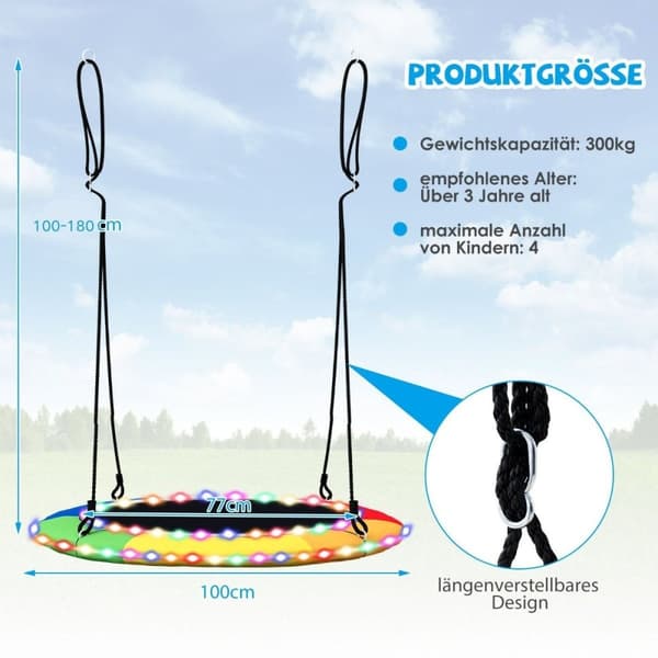 Tallerkenhuske med en diameter på 100 cm, lastbar opp til 300 kg, LED-huske for barn og voksne, regnbuefarge