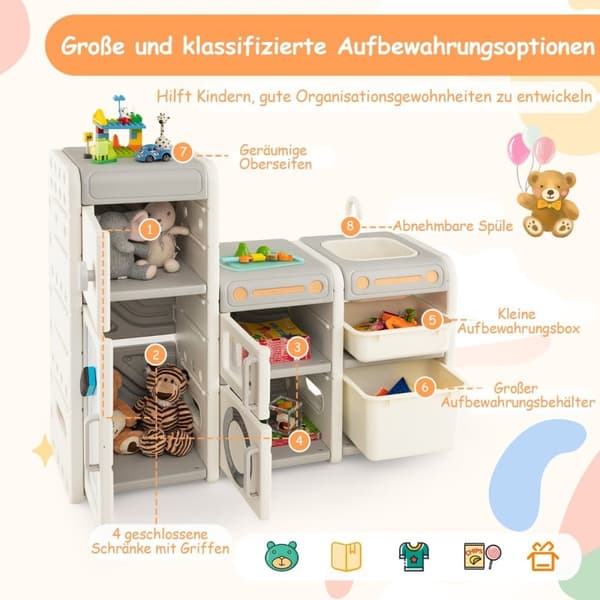 Lasten lelukaappi, jossa on magneettitaulu ja irrotettava pesuallas ja hana