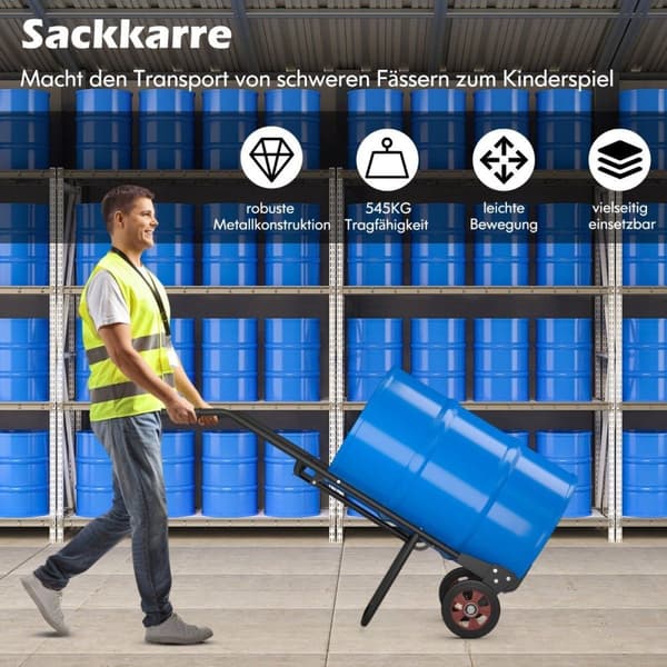 Håndtruck for tønnetransport med 2 gummihjul & klokkekrok med fjær sort