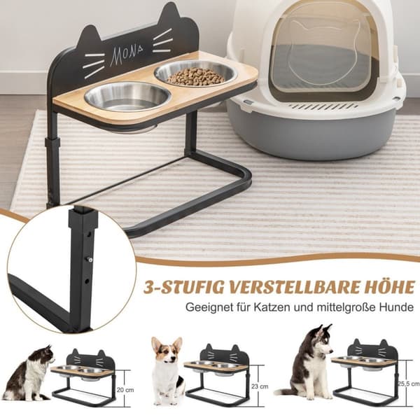 Forhøyet fôringsstasjon for katter og små til mellomstore hunder 3-veis høydejusterbart skålstativ