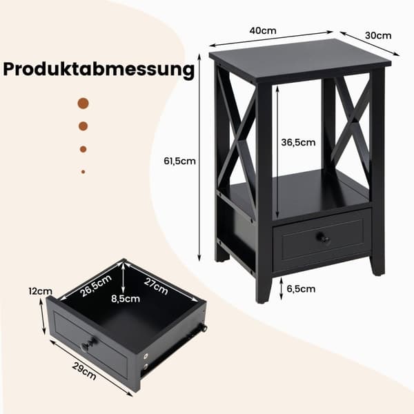 2 plan sengebord med skuffe sidebord træ 40 x 30 x 61,5 cm sort
