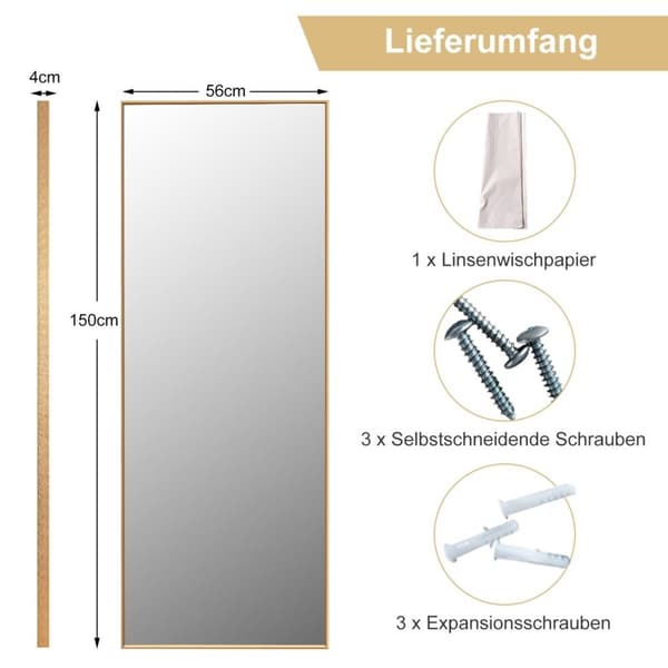 56 x 150 cm HD fuldlængde spejl til hængende eller hældende vægspejl guld