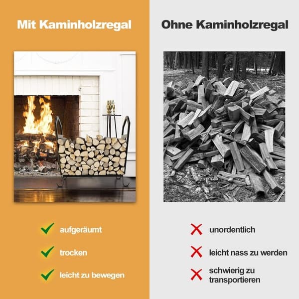 Kompakt brændeholder i metal med hævede fødder og elegante mønstre dekorativt træstativ sort
