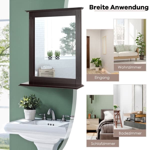 Baderomsspeil med hylle Rektangulært baderomsspeil Veggspeil 68,5 x 57 x 12 cm Brun