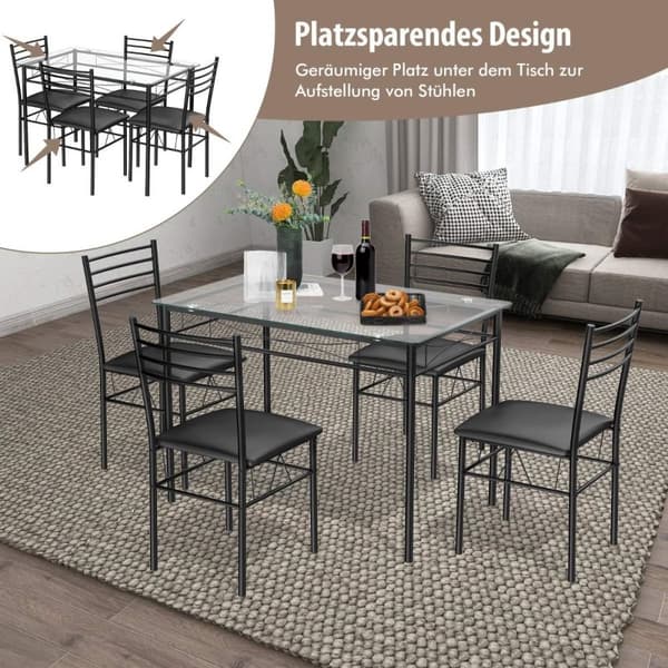 5-delt spisebordsett, spisebord med glassplate, spisegruppe med polstret stol, sort