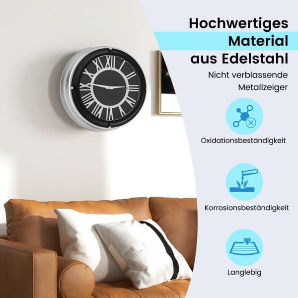 Ø 45 cm stille veggklokke med sølvramme &amp; Romersk urskive uten tikkende lyder - Ø 45 cm