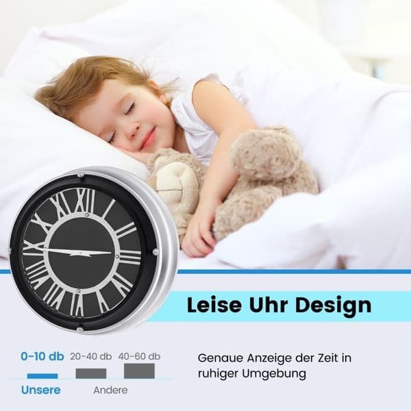 Ø 45 cm stille veggklokke med sølvramme &amp; Romersk urskive uten tikkende lyder - Ø 45 cm