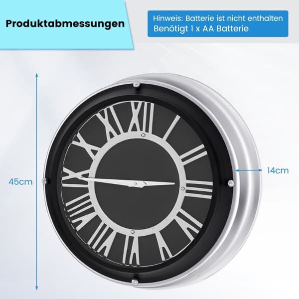 Ø 45 cm stille vægur med sølvramme &amp; Romersk urskive uden tikkende lyde - Ø 45 cm