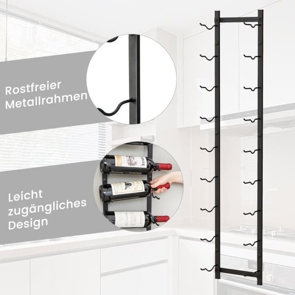 Vinhyllevegg for 9 vinflasker metallflaskeholder 22 x 13,5 x 109 cm svart