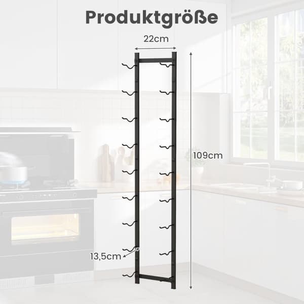 Vinhyllevegg for 9 vinflasker metallflaskeholder 22 x 13,5 x 109 cm svart