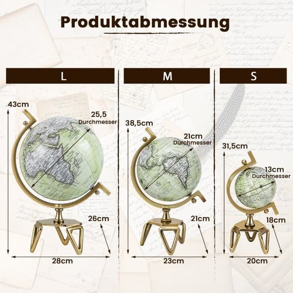 Ø 25,5 cm Antik globus med metalbund Roterende studenterkugle Geografisk globus Ø 25,5 cm