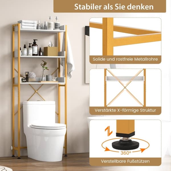 3-lags toaletthylle med 4 kroker og justerbare føtter Plassbesparende baderomshylle Hvit