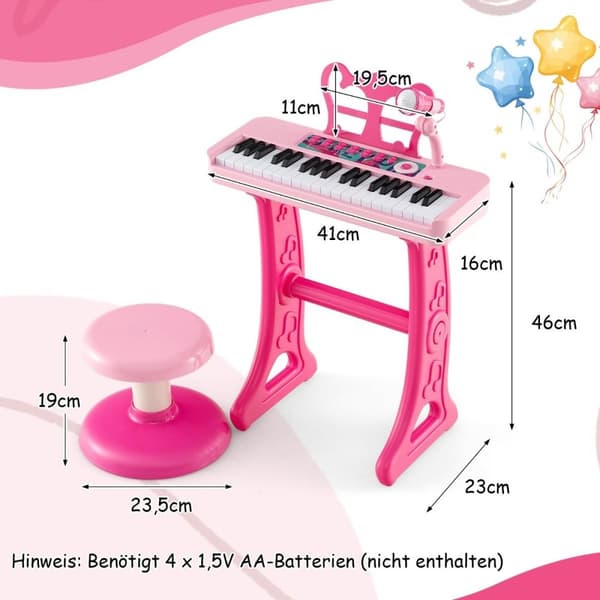 37 tangenter børnekeyboard børneklaver elektronisk med skammel mikrofon & nodestativ pink
