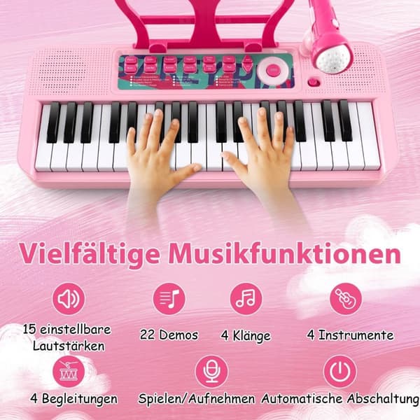 37 tangenter børnekeyboard børneklaver elektronisk med skammel mikrofon & nodestativ pink