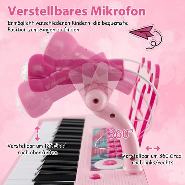 37 tangenter børnekeyboard børneklaver elektronisk med skammel mikrofon & nodestativ pink