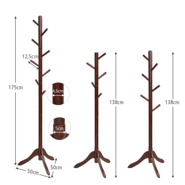 Naulakko 8 koukulla, puinen vaatenaulakko, korkeussäädettävä, 175 cm, ruskea
