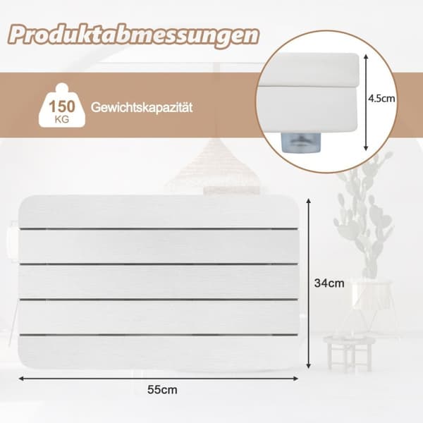 55 x 34 cm wc-matto, valmistettu Hips-puusta, kylpymatto, kestää jopa 150 kg, valkoinen, korroosionkestävä, ruosteenkestävä, kestävä