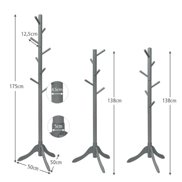 Knagerække med 8 kroge, tøjstativ i træ, højdejusterbar, 175 cm, grå