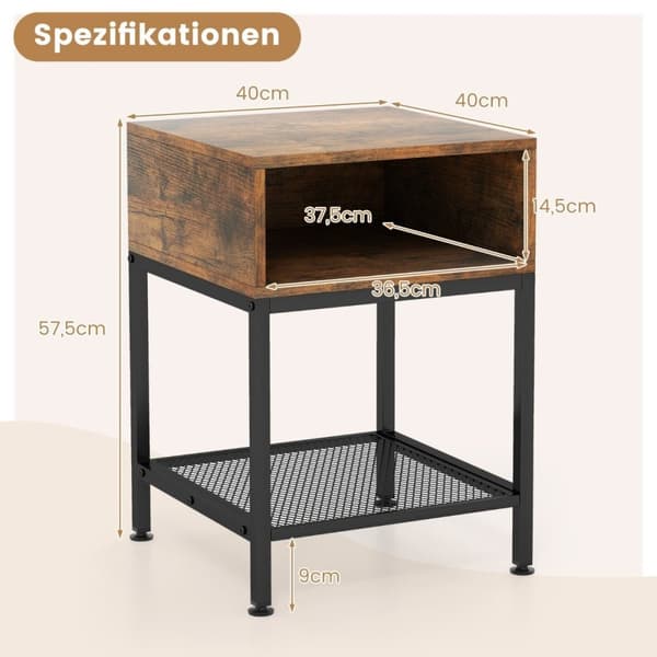 Sidebord med oppbevaringsrom og gitterhylle nattbord med metallramme 40 x 40 x 57,5 ​​cm