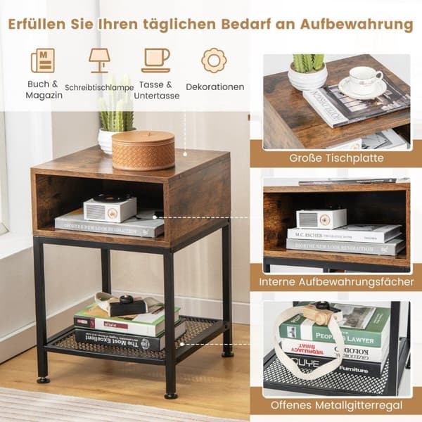 Sidebord med oppbevaringsrom og gitterhylle nattbord med metallramme 40 x 40 x 57,5 ​​cm