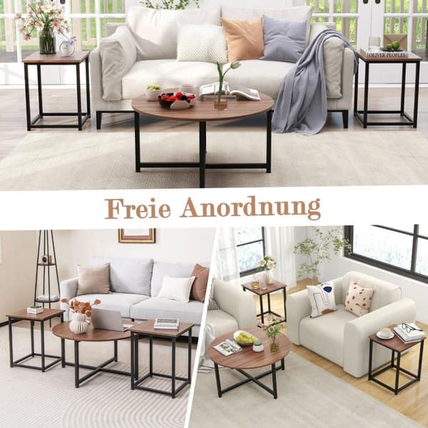 Sett med 3 salongbord med robust metallramme, rundt salongbord og 2 firkantede sidebord, brune