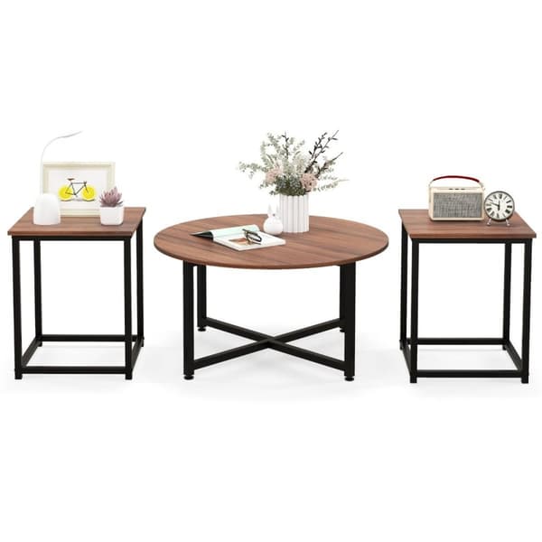 Sett med 3 salongbord med robust metallramme, rundt salongbord og 2 firkantede sidebord, brune