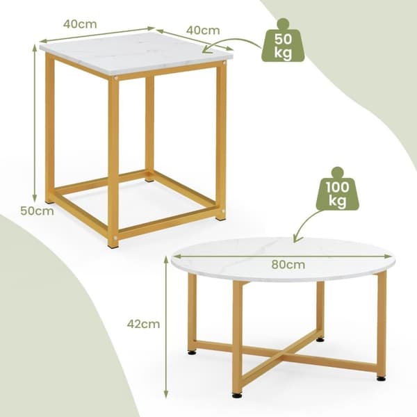 Sett med 3 salongbord med robust metallramme, rundt salongbord og 2 firkantede sidebord, hvit