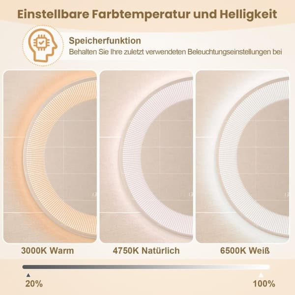 Ø 60 cm LED badeværelsesspejl med 3-farve lys & touch switch kosmetikspejl