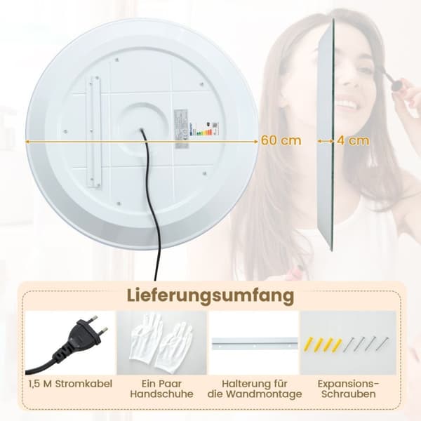 Ø 60 cm LED badeværelsesspejl med 3-farve lys & touch switch kosmetikspejl