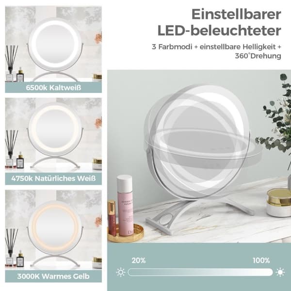 Sminkspegel med 30 cm diameter & belysning 3-färgs dimbar LED-spegel vit