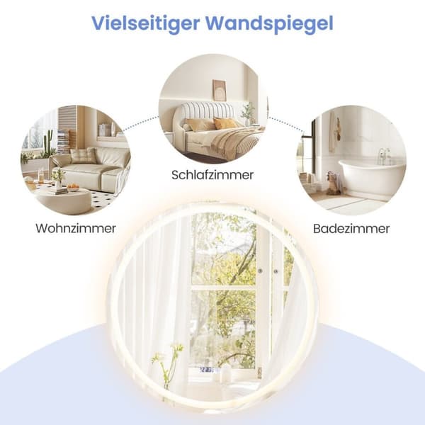 Rund badrumsspegel med anti-dim spegelvärme och display dimbar LED-spegel