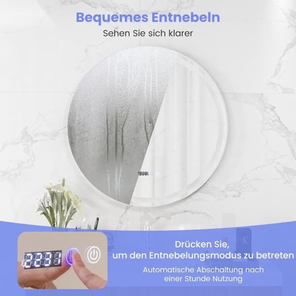 Rund badrumsspegel med anti-dim spegelvärme och display dimbar LED-spegel