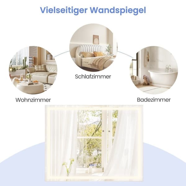 Baderomsspeil med anti-dugg speilvarmer og display 3000K-6500K dimbart LED-speil