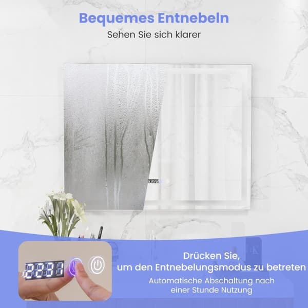 Baderomsspeil med anti-dugg speilvarmer og display 3000K-6500K dimbart LED-speil