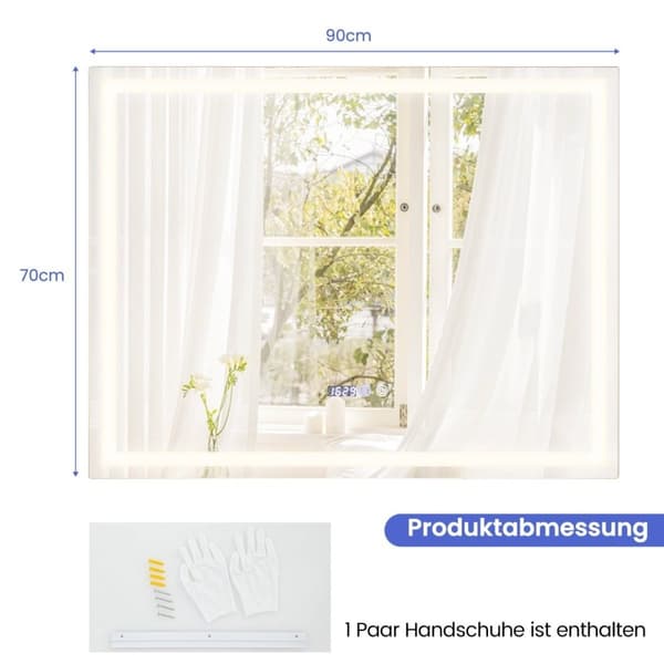 Baderomsspeil med anti-dugg speilvarmer og display 3000K-6500K dimbart LED-speil