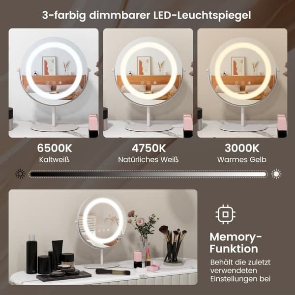 Kosmetisk spejl med 25 cm diameter & lysende 3-farvet dæmpbart LED spejl hvidt