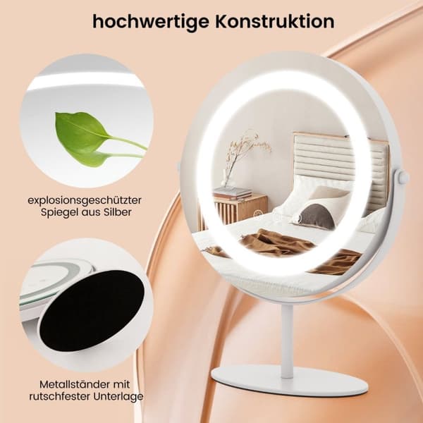 Kosmetisk spejl med 25 cm diameter & lysende 3-farvet dæmpbart LED spejl hvidt