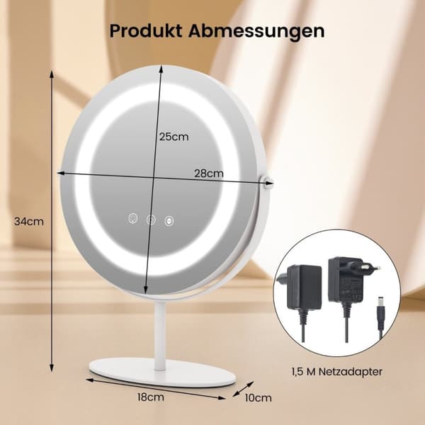 Kosmetisk spejl med 25 cm diameter & lysende 3-farvet dæmpbart LED spejl hvidt