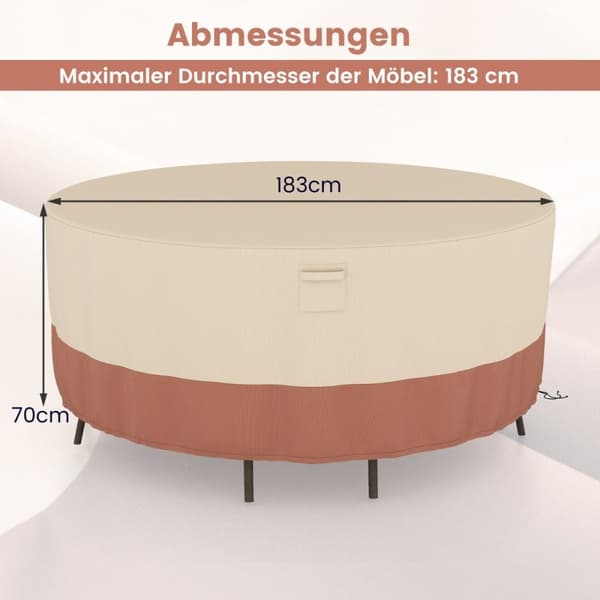 Ø 183 cm Rundt havemøbelbetræk med ventilationsslidser & spænder & snore beige