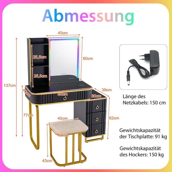 Toiletbord med LED-belysning Toiletbord med 7 dynamiske & 7 statiske dæmpbare LED-lys sort