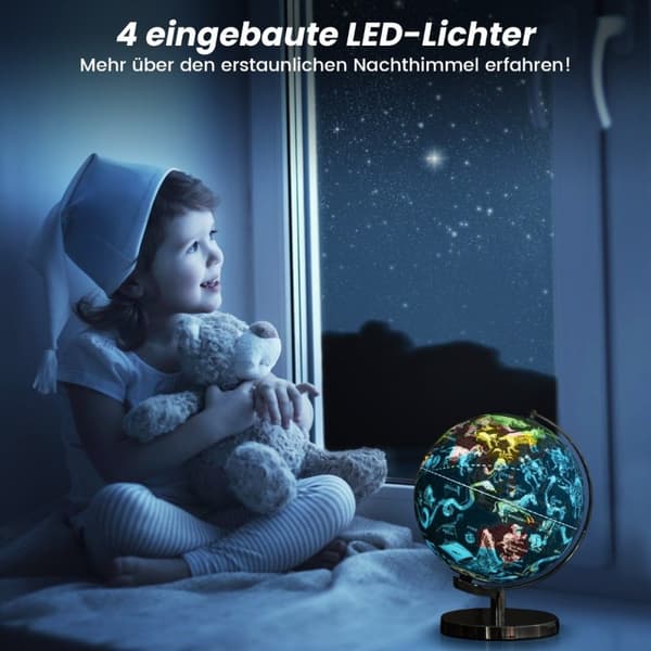 Ø 23 cm opplyst globus med metallbase & lys & engelsk geografisk kart & stjernebildekart