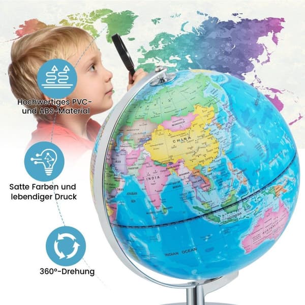 Ø 23 cm opplyst globus med metallbase & lys & engelsk geografisk kart & stjernebildekart