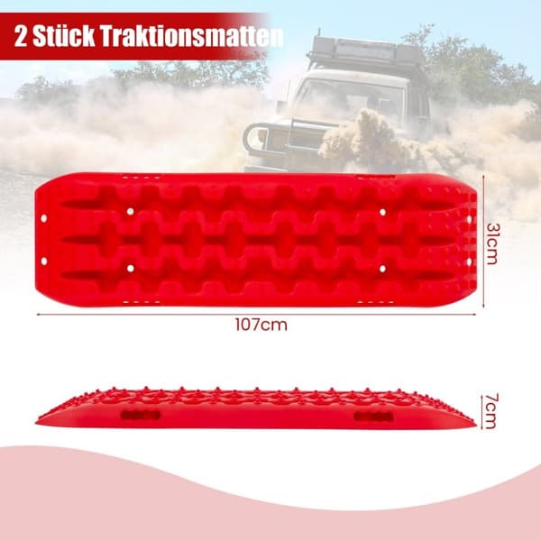 2 styks trækhjælpssandplader off-road dækstige til sand/mudder/sne 107 x 31 x 7 cm rød