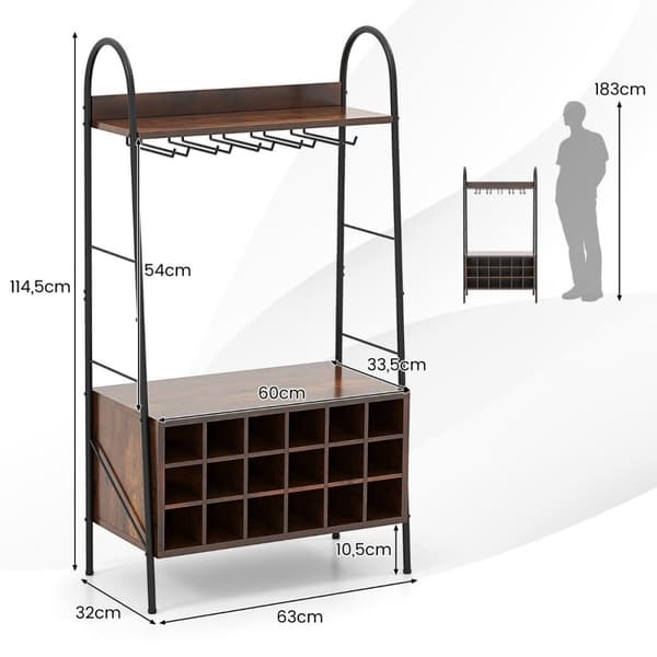 Vinstativ Flaskestativ til 18 flasker Vinstativ med 5 vinglasholdere 63 x 32 x 114,5 cm Rustik brun