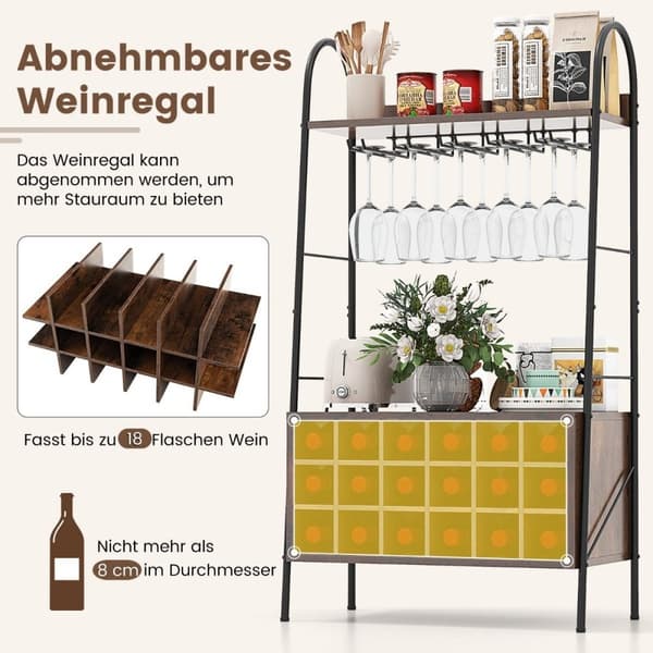 Vinstativ Flaskestativ til 18 flasker Vinstativ med 5 vinglasholdere 63 x 32 x 114,5 cm Rustik brun