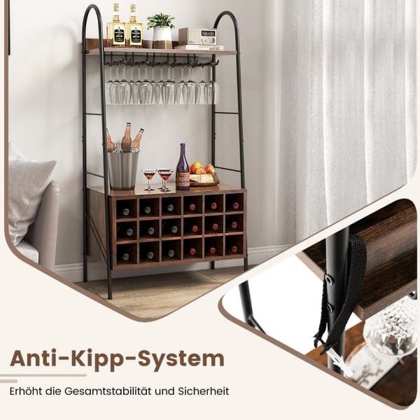 Vinstativ Flaskestativ til 18 flasker Vinstativ med 5 vinglasholdere 63 x 32 x 114,5 cm Rustik brun
