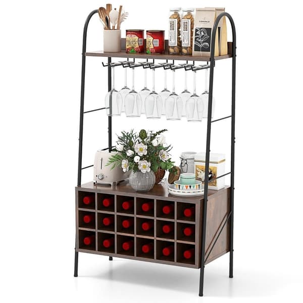 Vinstativ Flaskestativ til 18 flasker Vinstativ med 5 vinglasholdere 63 x 32 x 114,5 cm Rustik brun