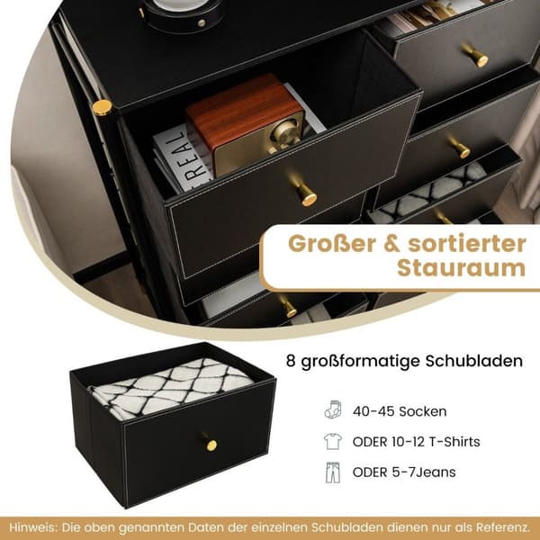 Kommode til soveværelse med 8 skuffer høj stof kommode med metalramme 89 x 30 x 98 cm sort
