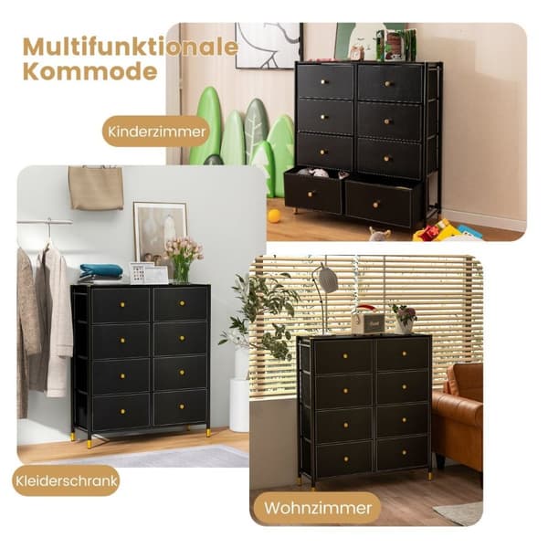 Kommode til soveværelse med 8 skuffer høj stof kommode med metalramme 89 x 30 x 98 cm sort